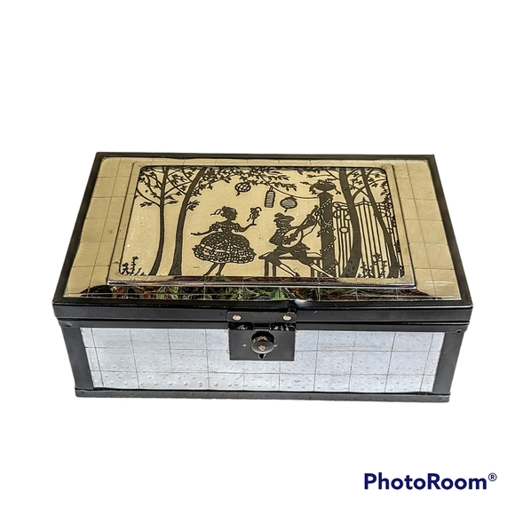 RARE Art Deco Silhouette Wood And Chrome Plated Metal Jewelry Box Vintage